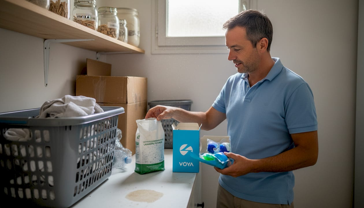 Une personne qui hésite entre lessive compacte et lessive classique : laquelle choisir pour un résultat optimal ?