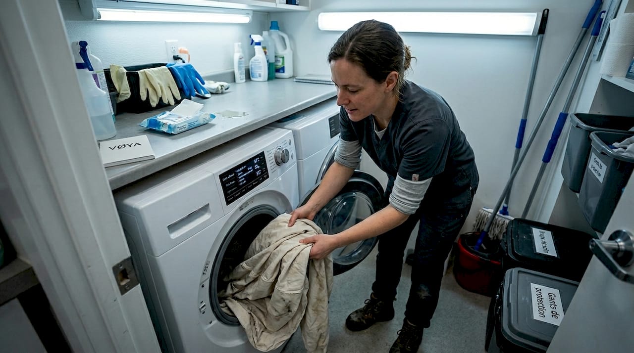Un membre du personnel s'occupe de la lessive dans la buanderie de la clinique.