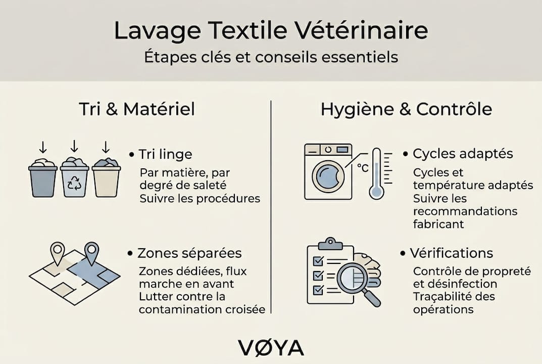 Découvrez en image les différentes étapes du lavage des textiles utilisés en milieu vétérinaire.