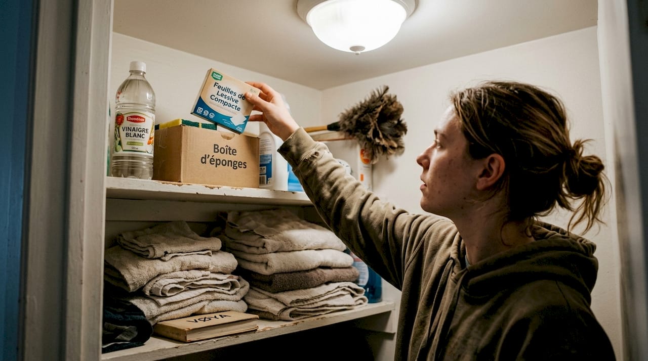 Boîte de lessive concentrée posée sur une étagère dans un studio