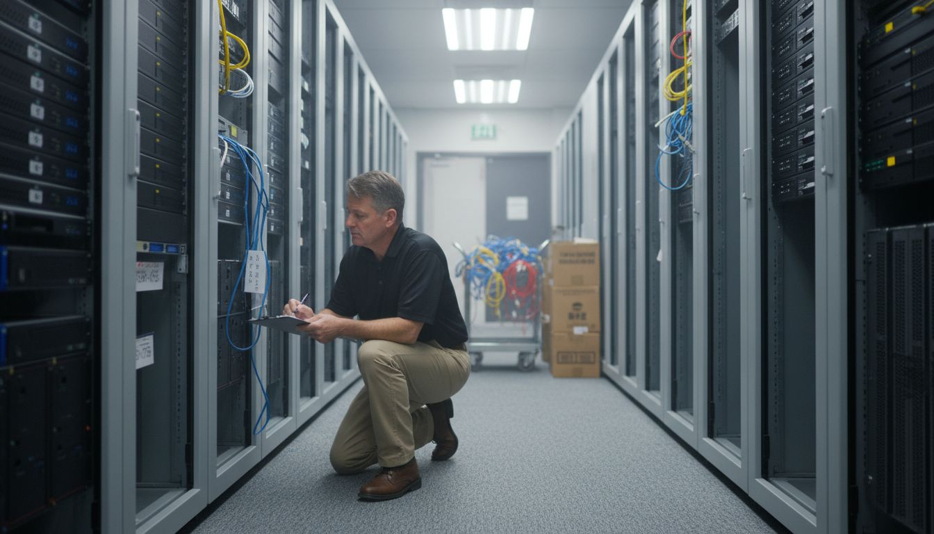 Technician assessing server racks in data room