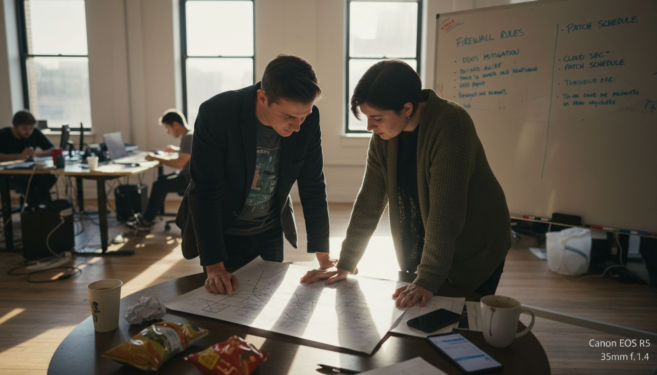 Two coworkers discuss cybersecurity risks at table