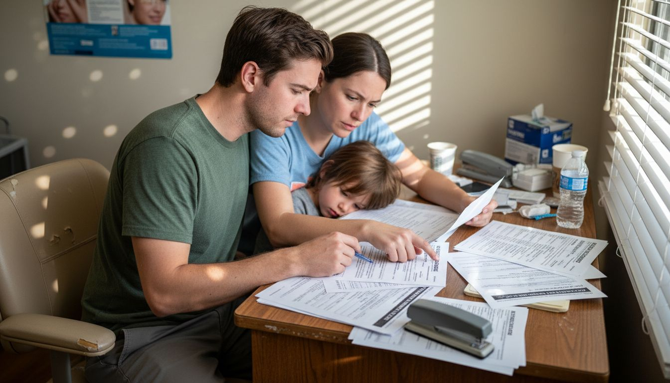 Family reviews Denti-Cal paperwork at dental desk