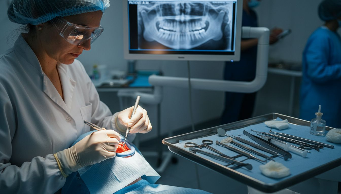 Dentist placing dental implant post step
