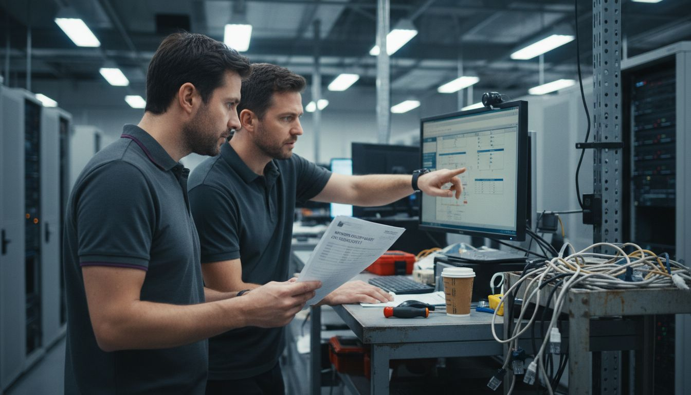 IT team reviews cybersecurity controls by servers