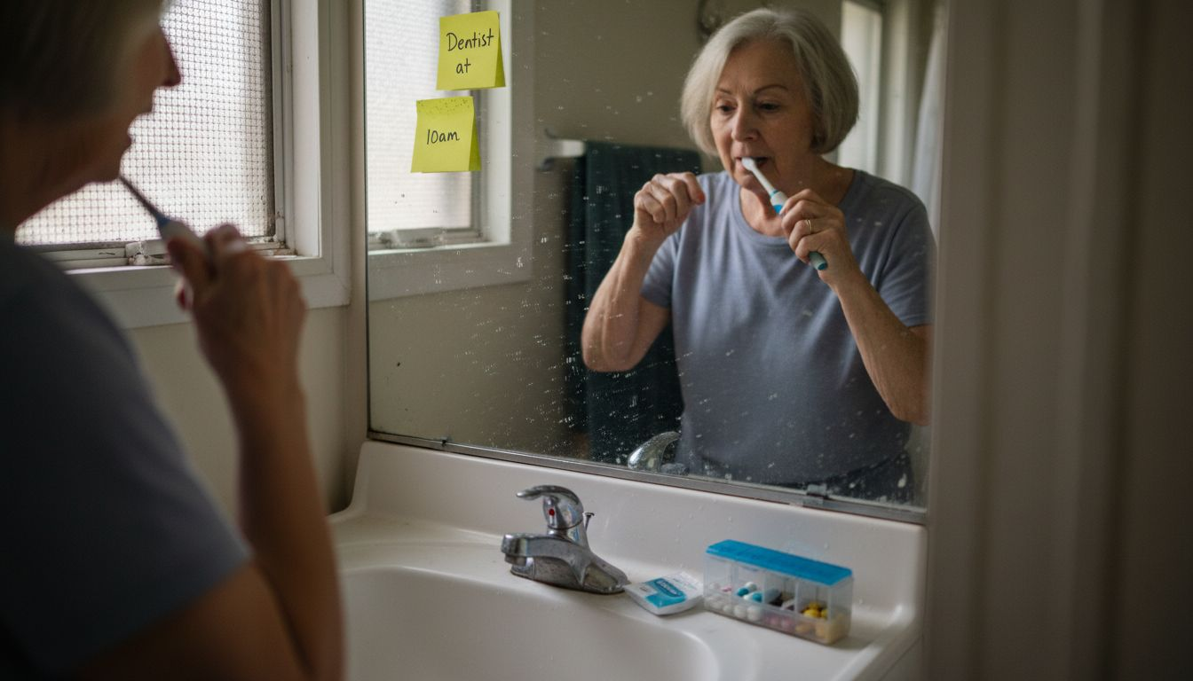 Senior brushing teeth with dental notes
