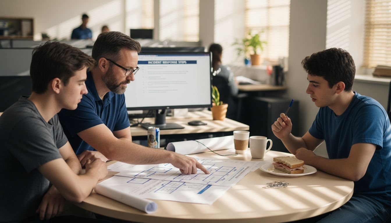IT staff discussing protocol flowcharts at table