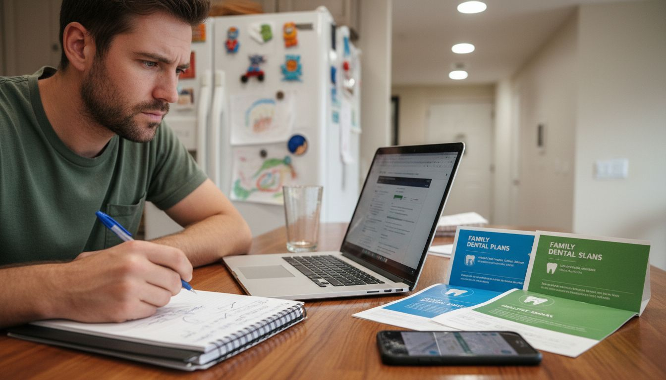 Parent comparing dental insurance plans at home