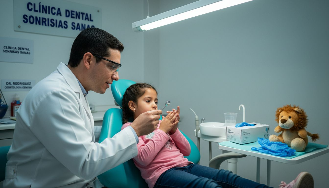 Niña latina asistiendo a una revisión dental con un especialista