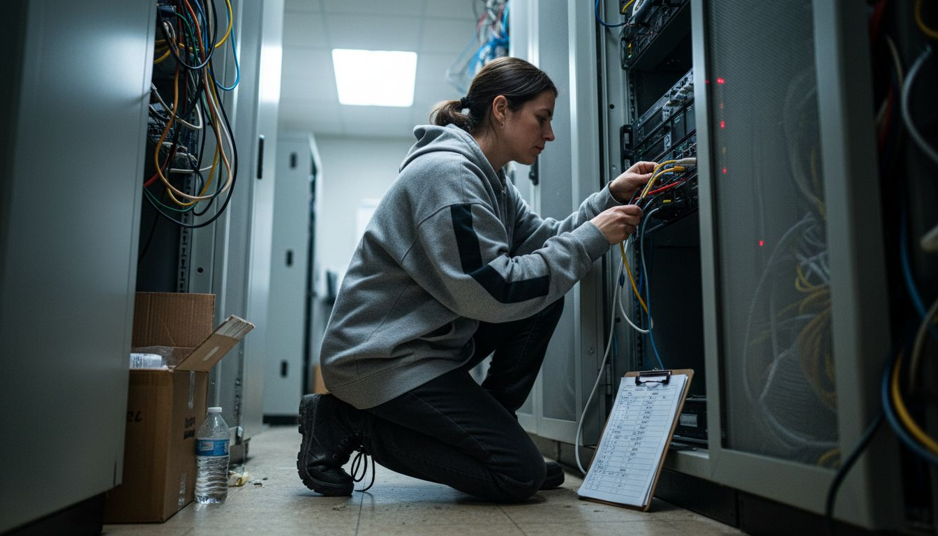 Technician maintaining server hardware connections