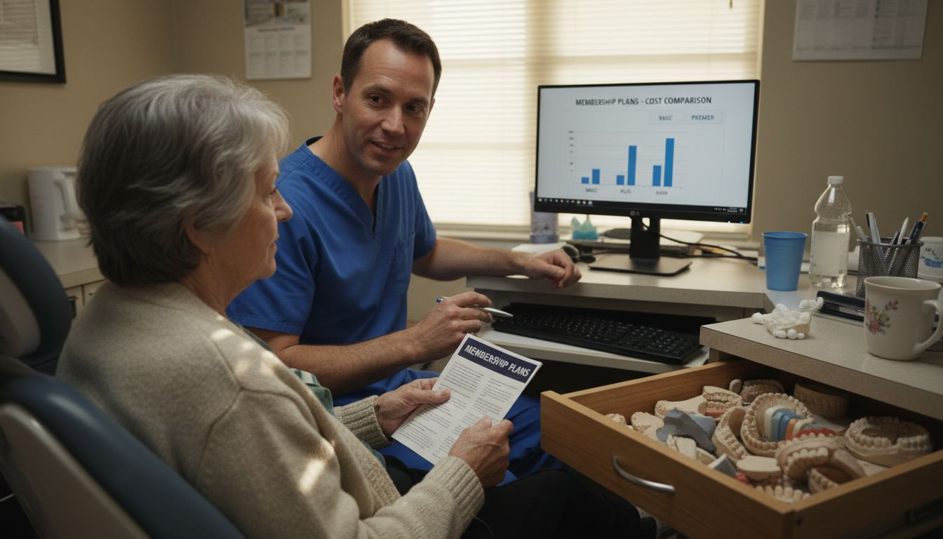 Dentist explains affordable care to senior patient