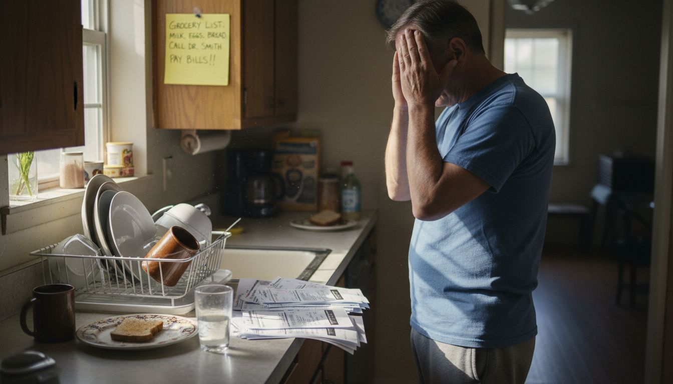 Tired caregiver sorting bills in cluttered kitchen