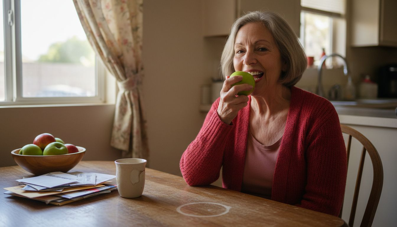 Happy woman eating apple after implants