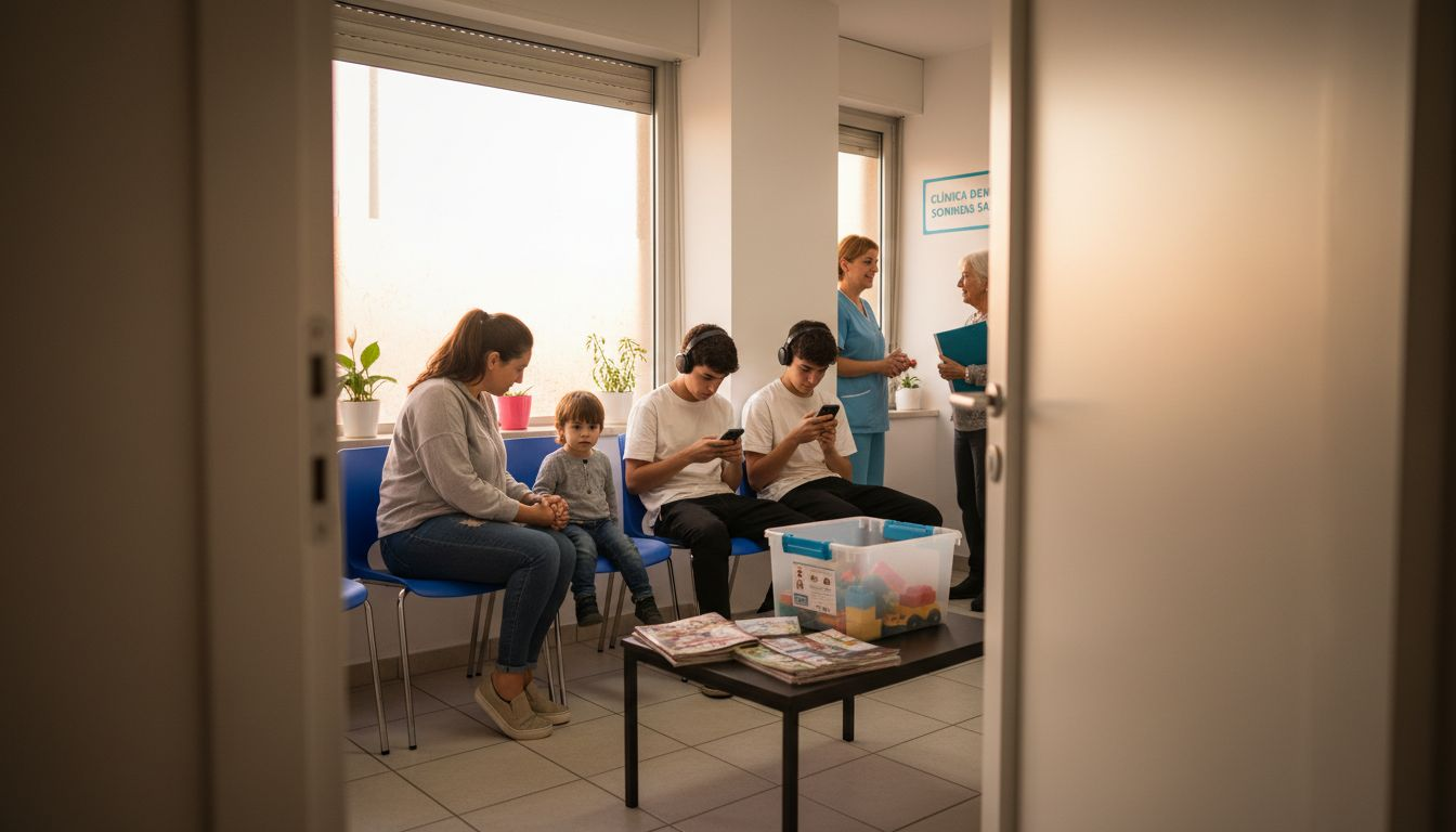 Una familia aguarda en la sala de espera de la clínica dental.