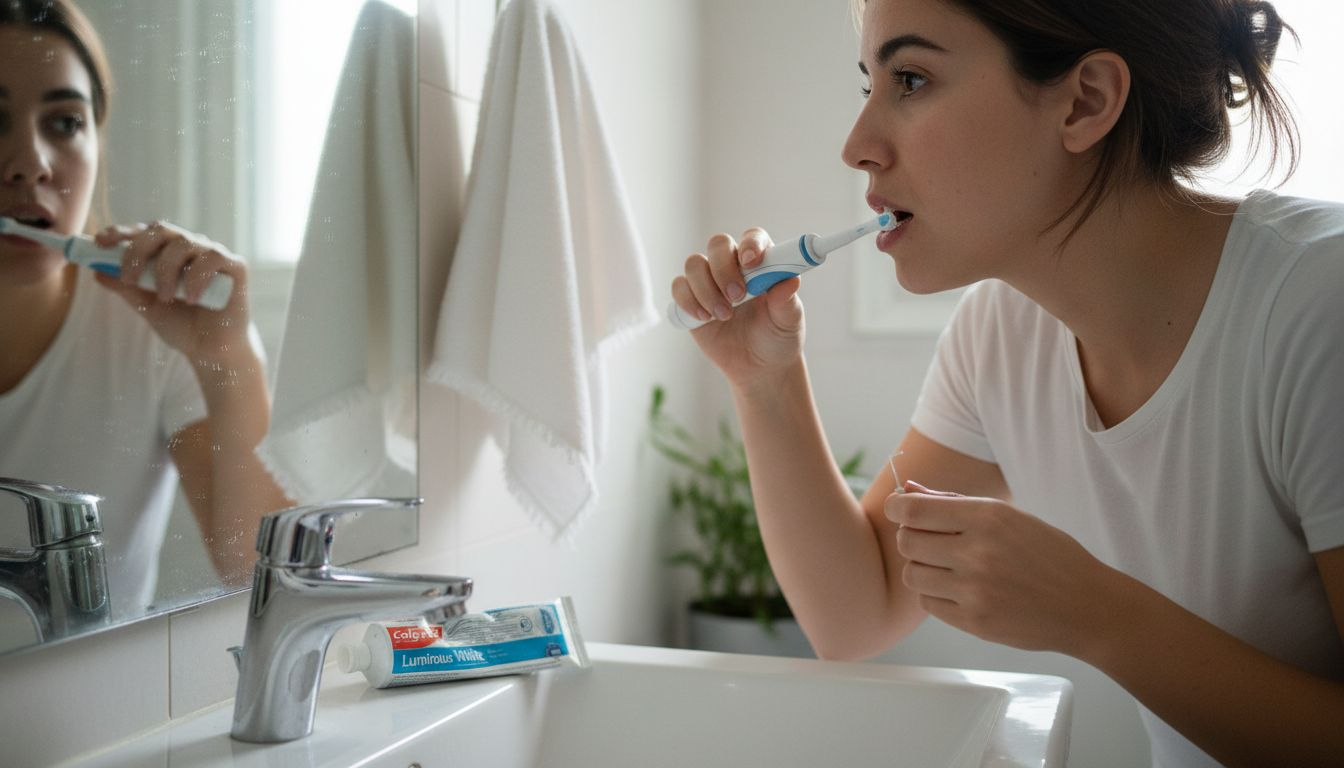Mujer cuidando su higiene bucal a diario