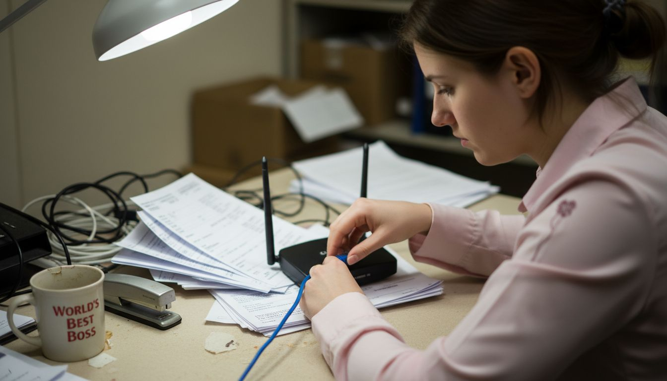 Administrator connecting cable to business router