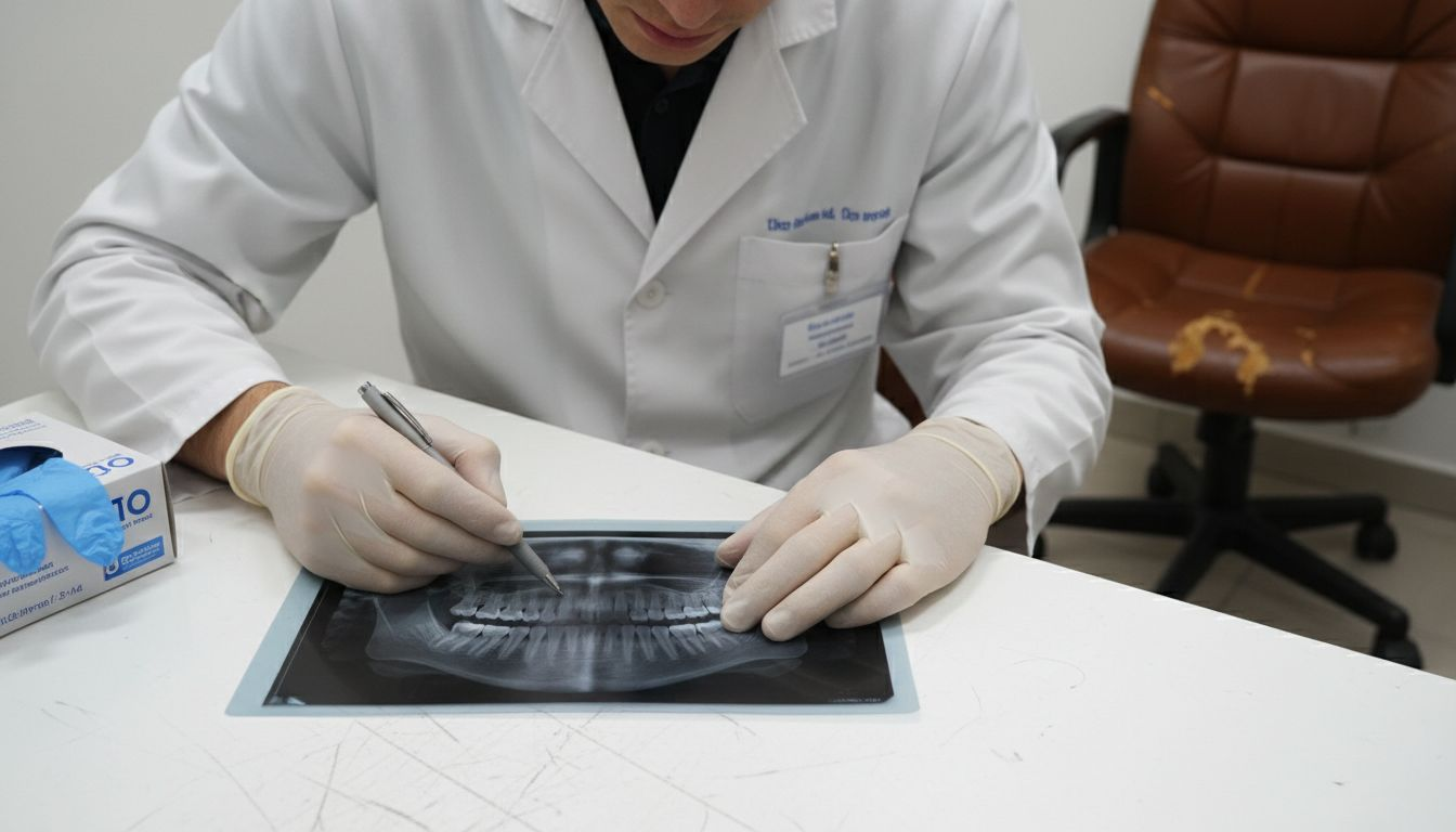 Odontólogo mostrando y explicando una radiografía de un implante dental al paciente.