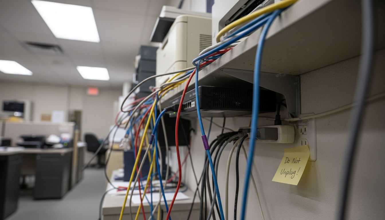 Network router and cables in busy copy room