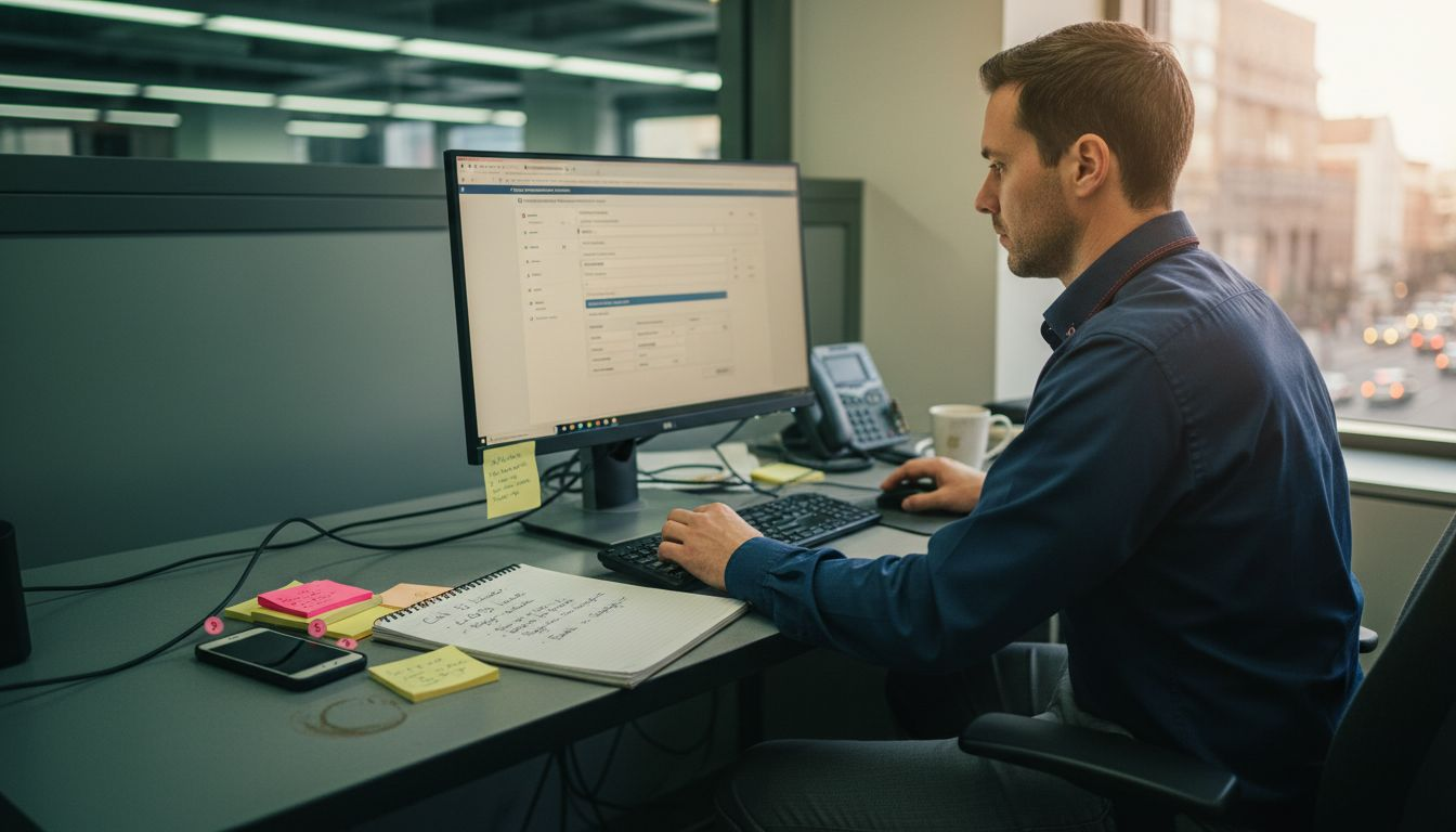 Worker uses CRM at cluttered desk