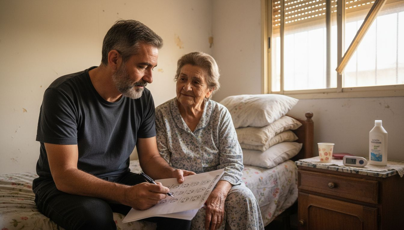 El cuidador registra el nivel de dolor del paciente en cuidados paliativos.