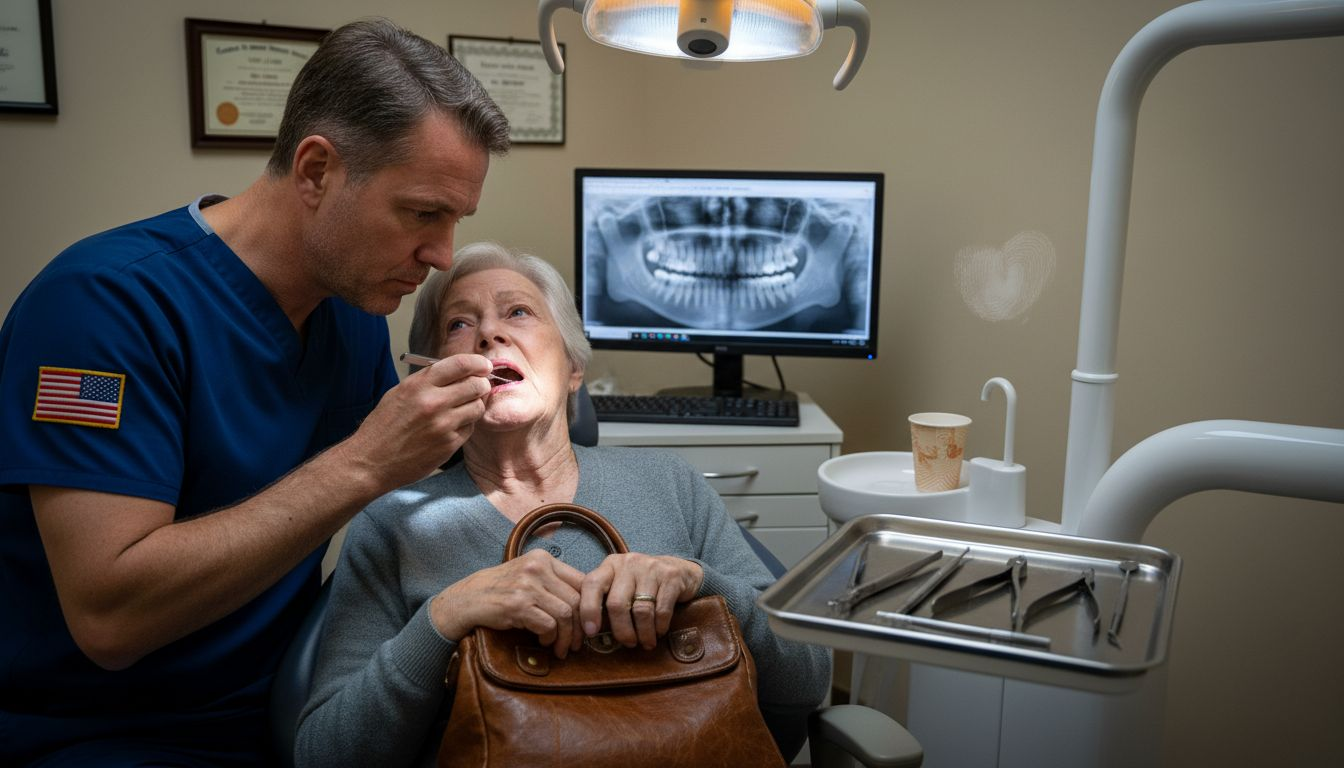 Dentist checking elderly woman’s dental implant concern