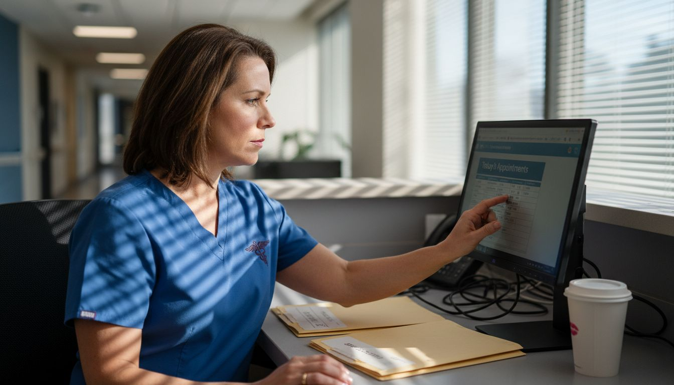Physician using AI dashboard at nurses station