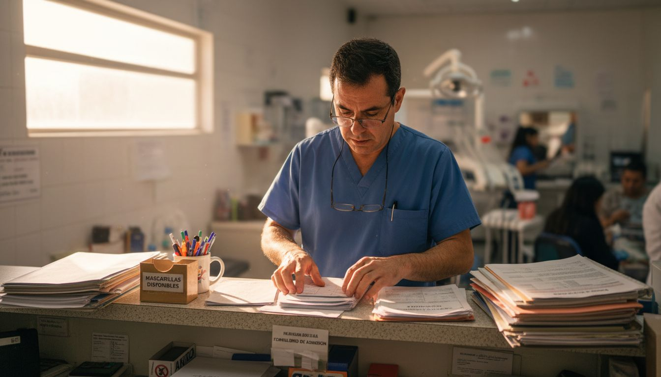 El dentista revisa el historial del paciente en la recepción.
