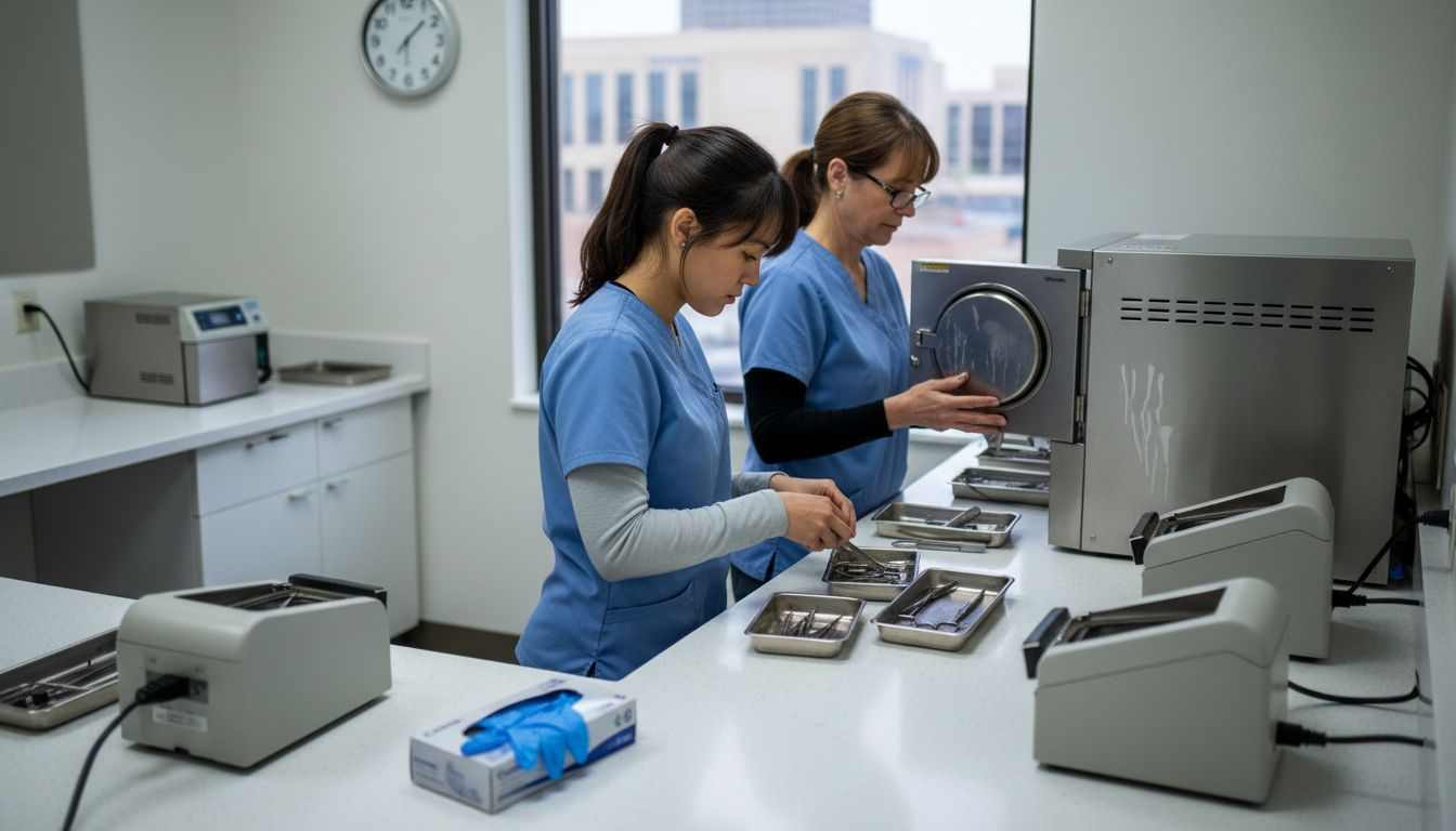 Personal auxiliar desinfectando y preparando el material en la clínica dental