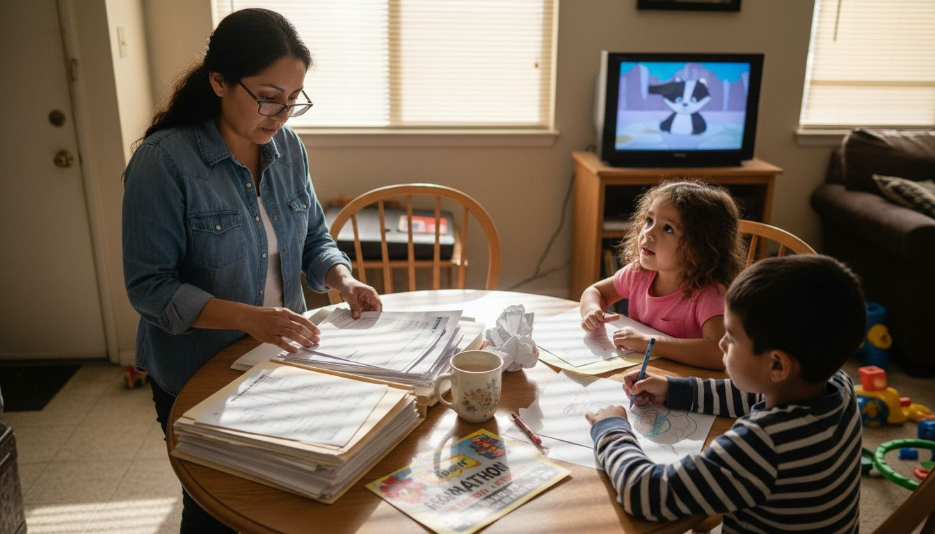Mother reviews dental insurance papers at home