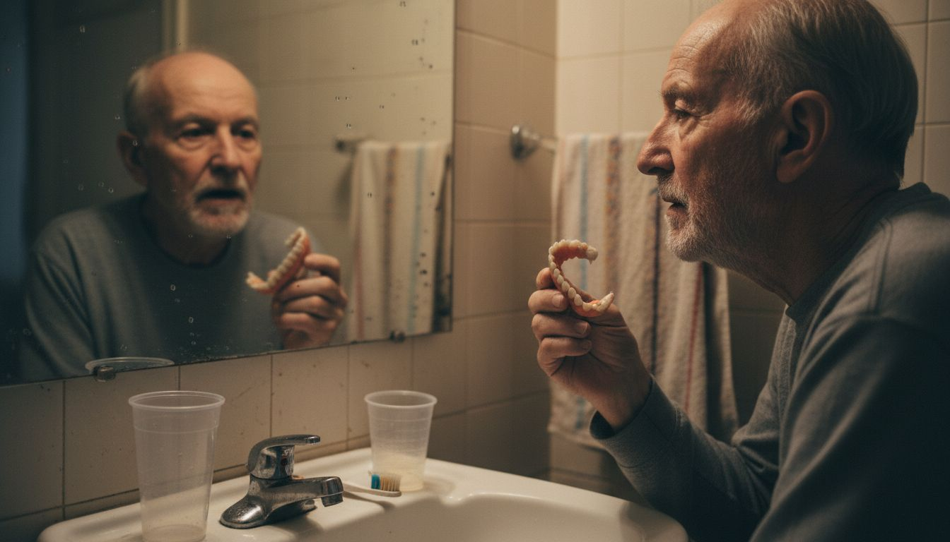 Hombre mayor analizando las diferencias entre su dentadura natural y un implante dental