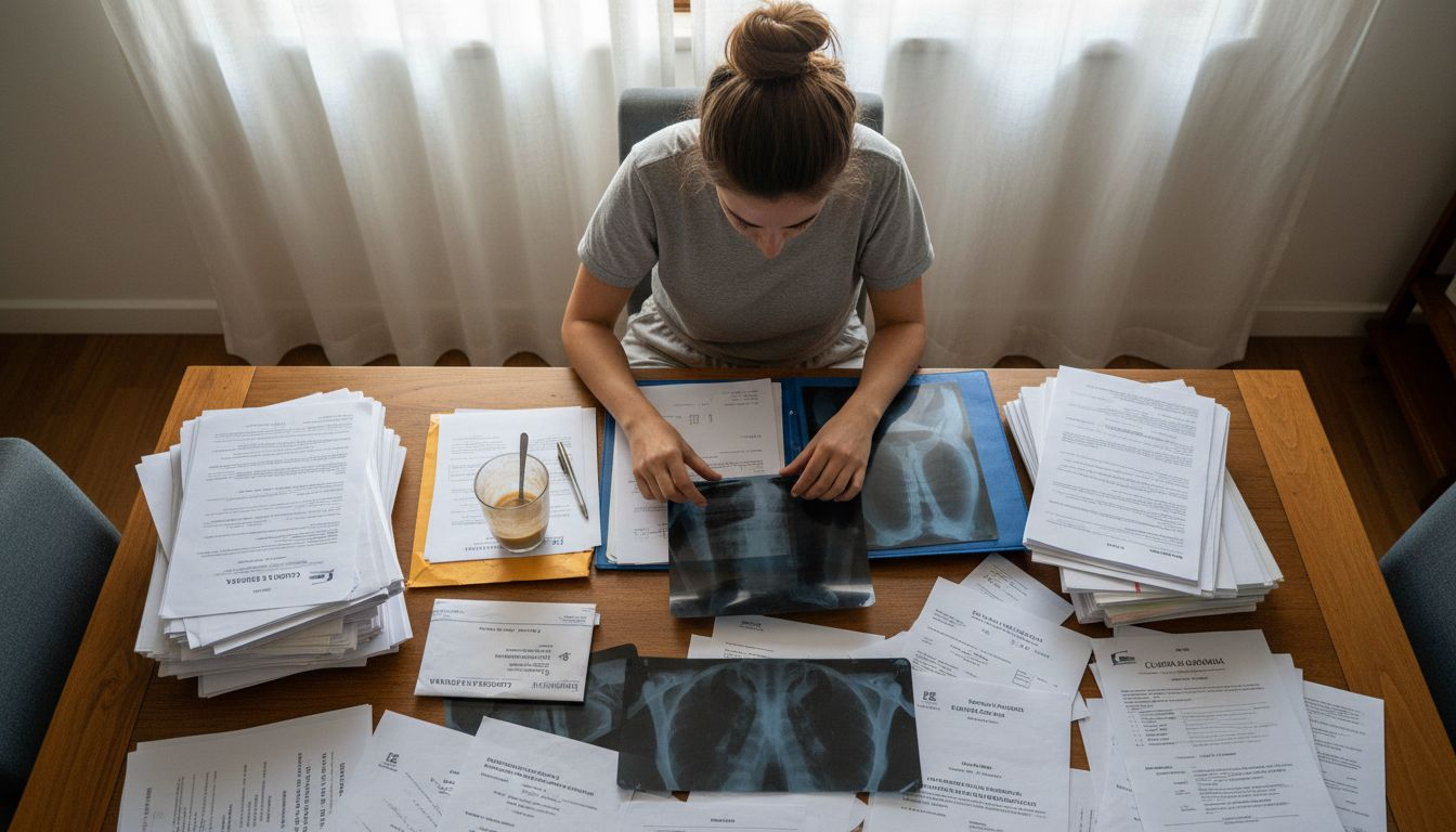 Persona clasificando y archivando radiografías médicas en una carpeta