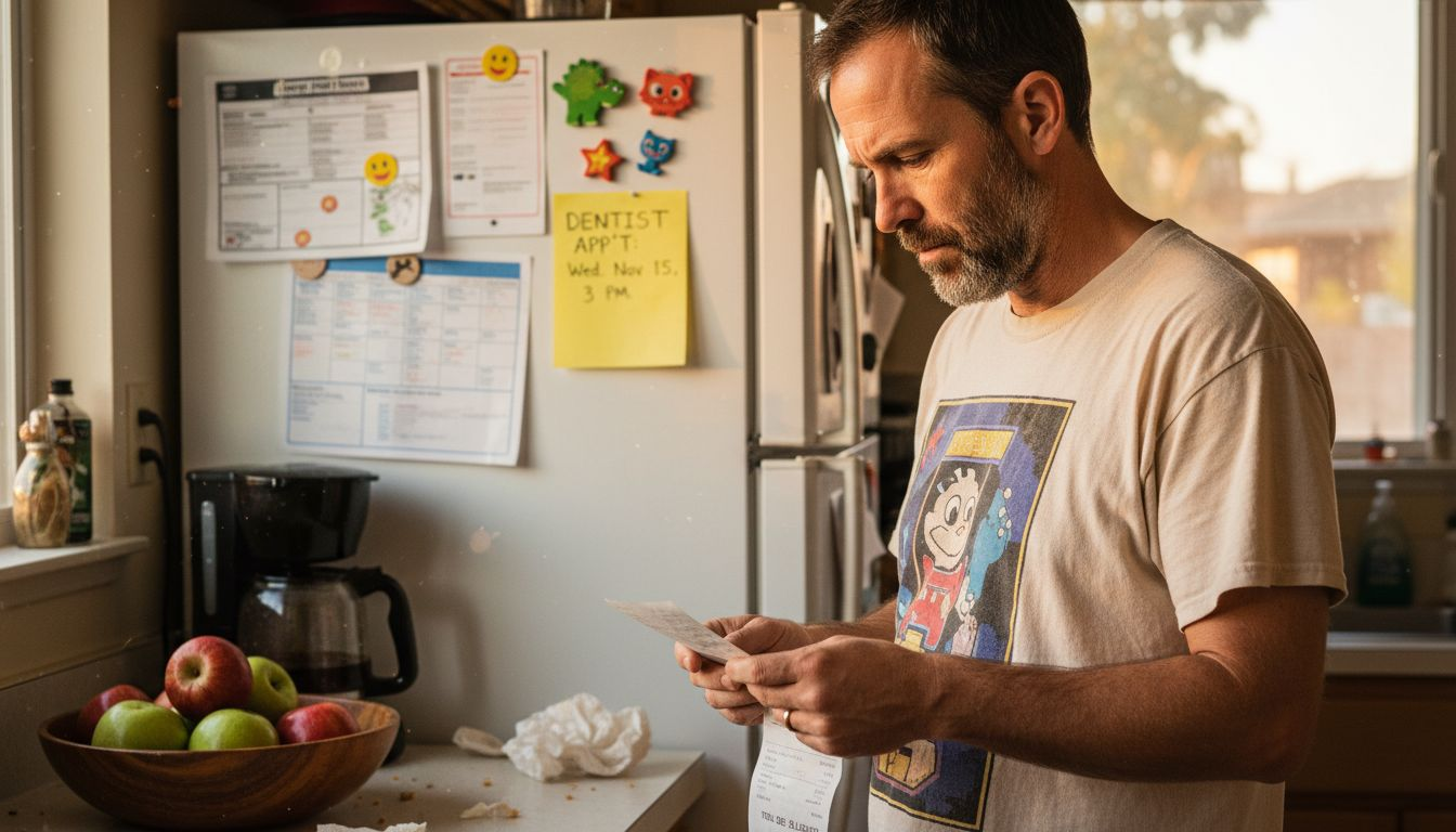 Parent examining dental bill in kitchen