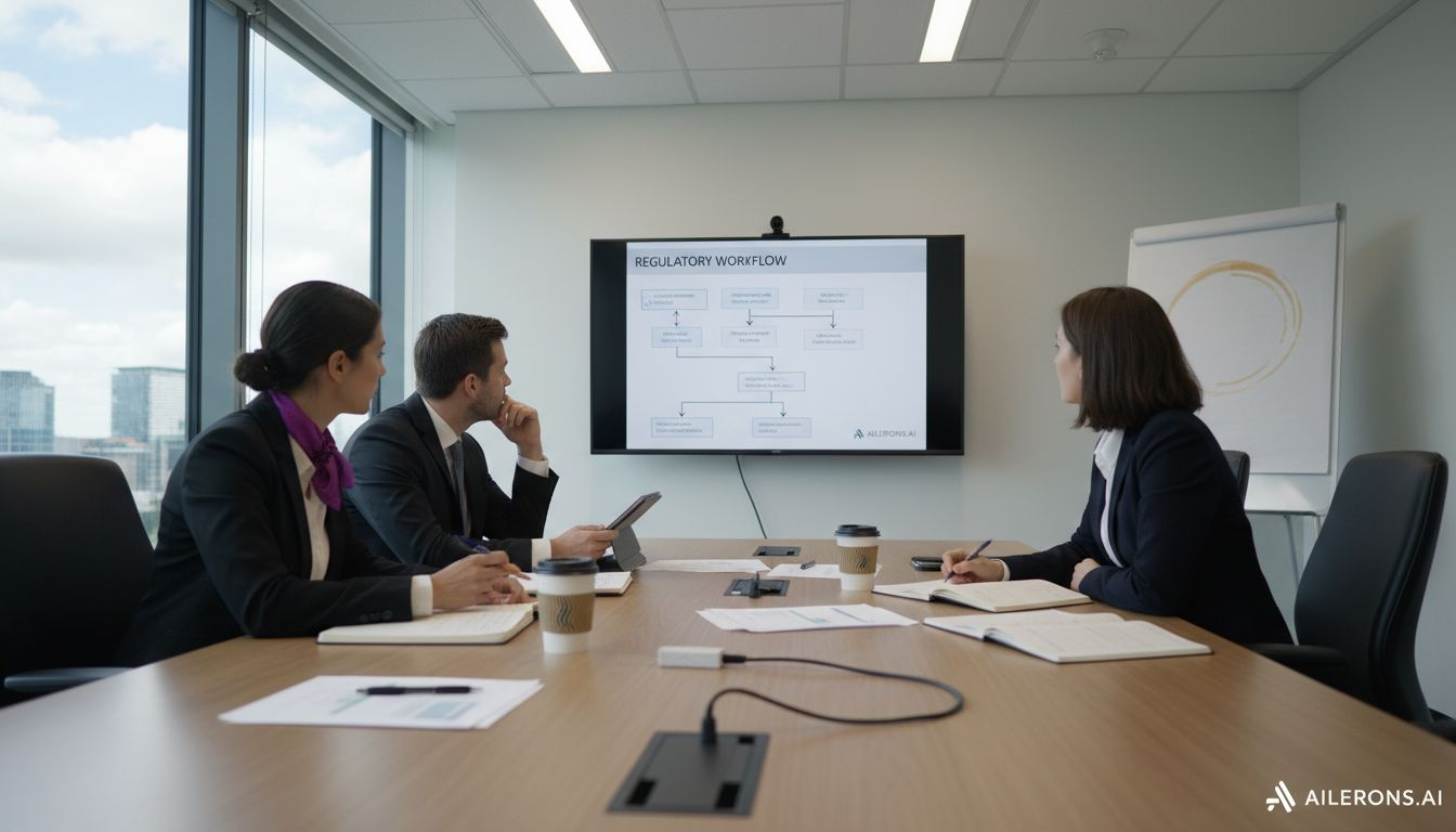 Team collaborating on compliance workflow chart