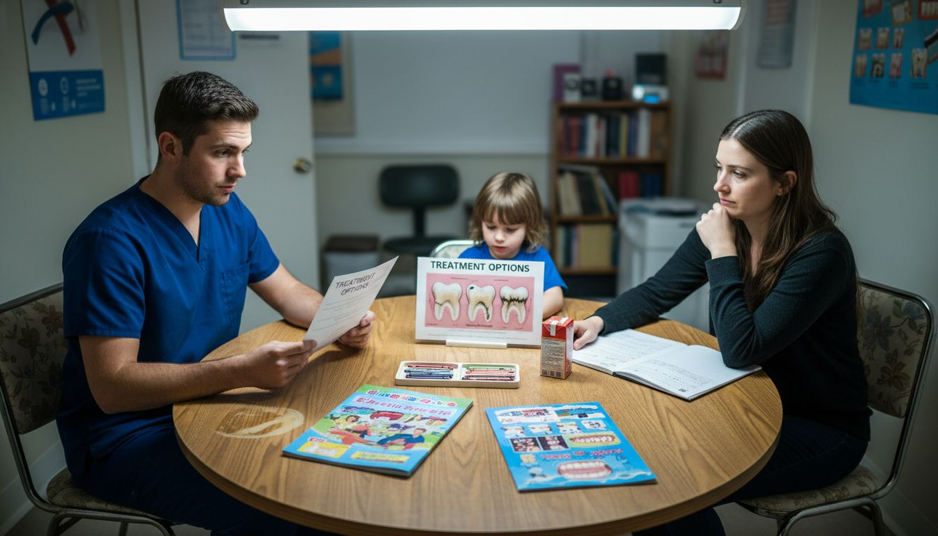 Dentist explaining services to family with chart