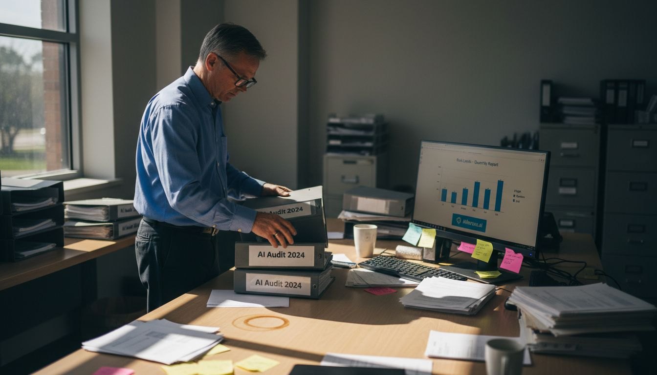 Compliance officer sorting audit binders in office