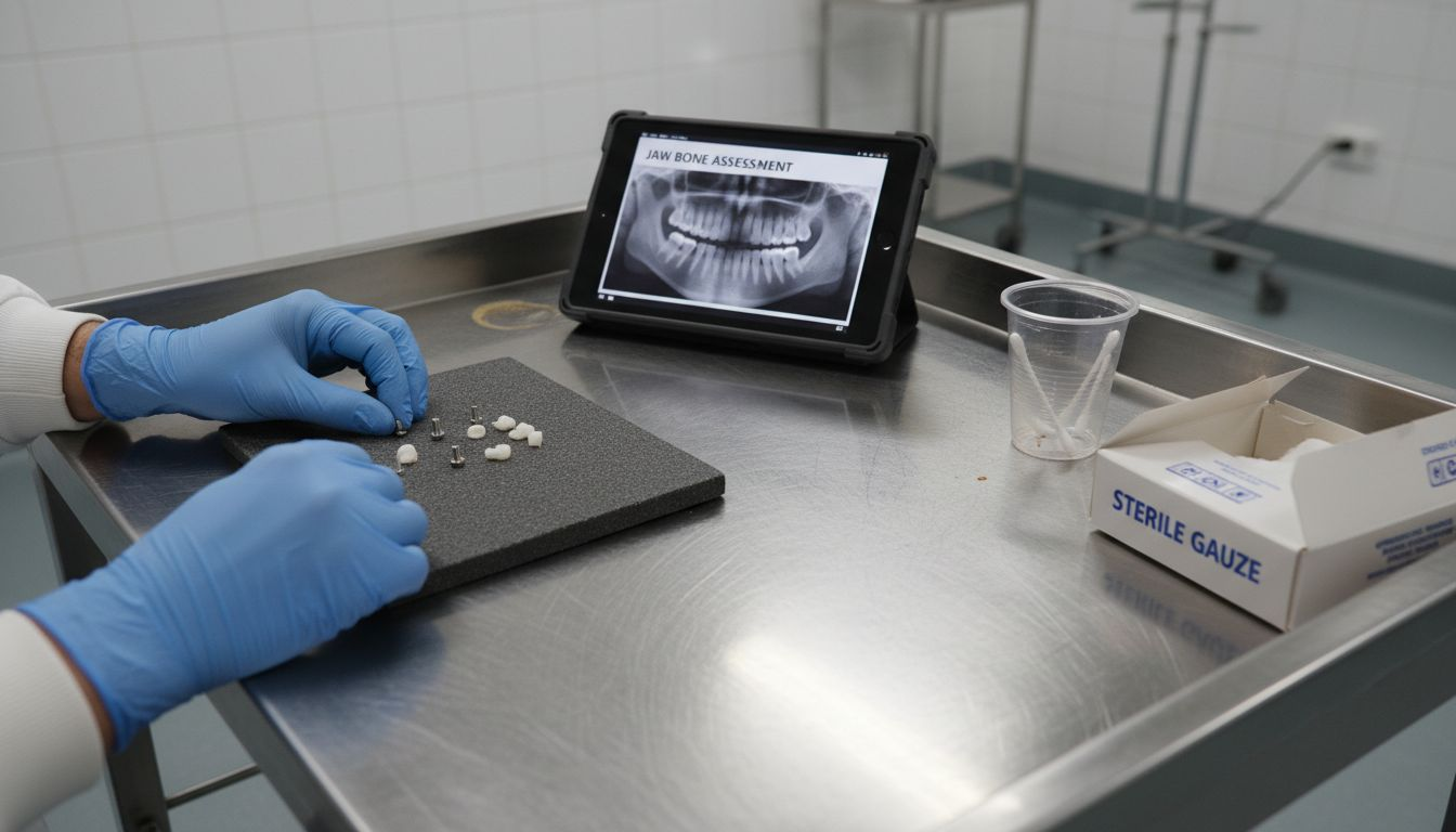 Dental technician checks implant materials