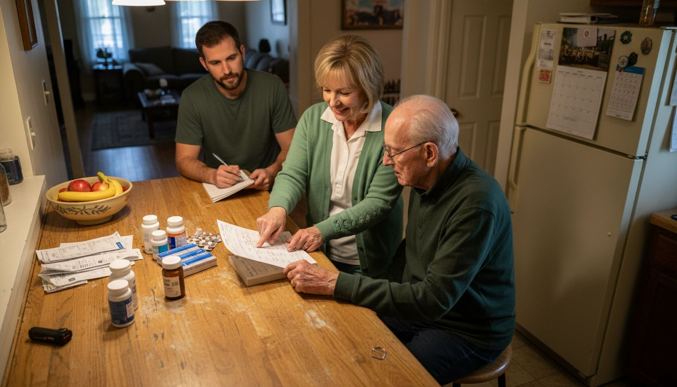 Hospice nurse assisting patient and family at home