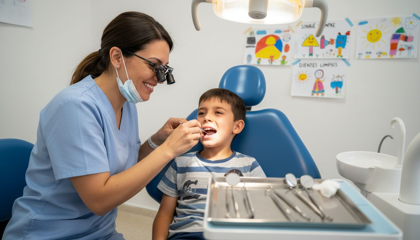 Un odontólogo examina la boca de un niño durante una consulta en la clínica.