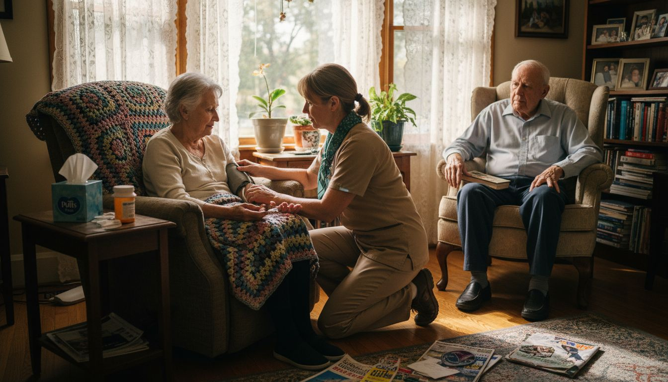 Hospice nurse helping patient at home