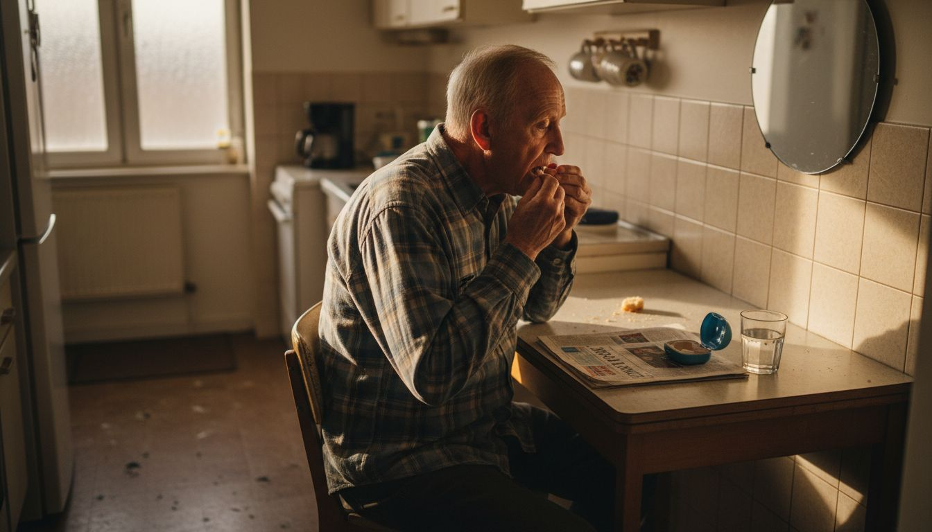 Senior man using dentures in home kitchen