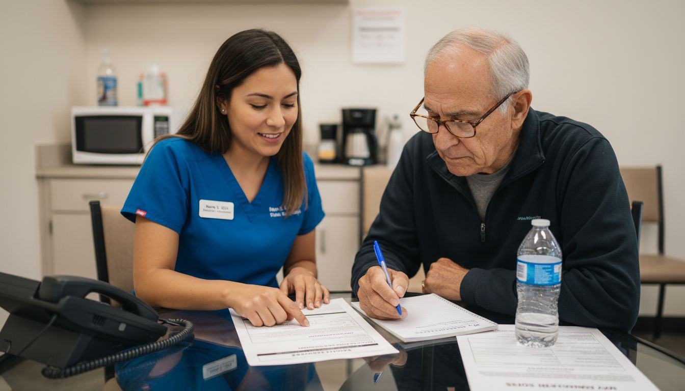 Bilingual dental assistant helping older patient