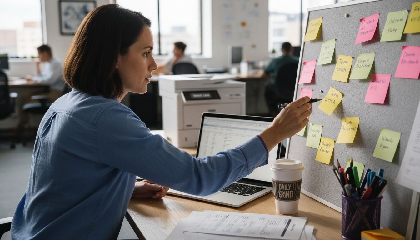 Office manager reviewing AI-augmented workflow