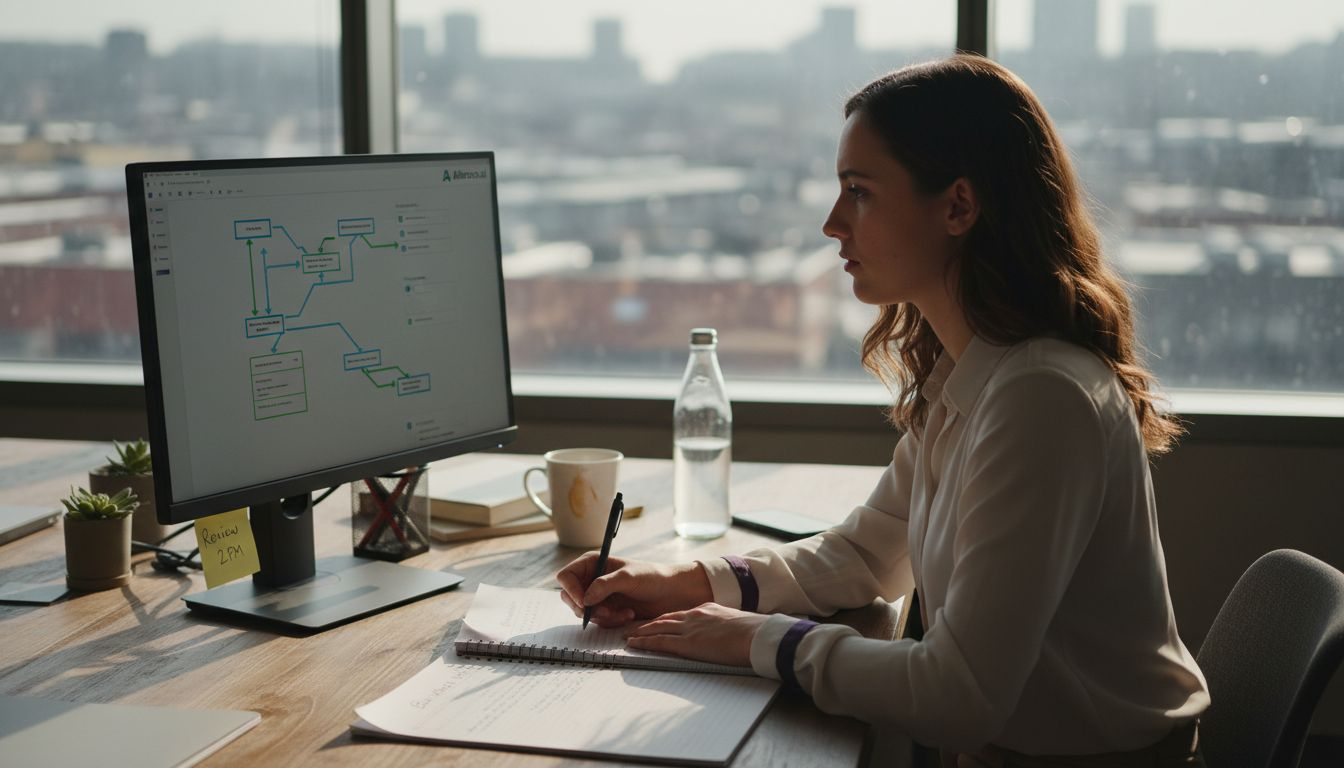 Woman working with workflow dashboard and notes