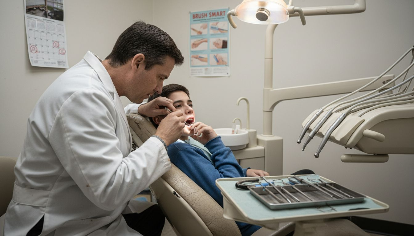Dentist examining young patient in clinic