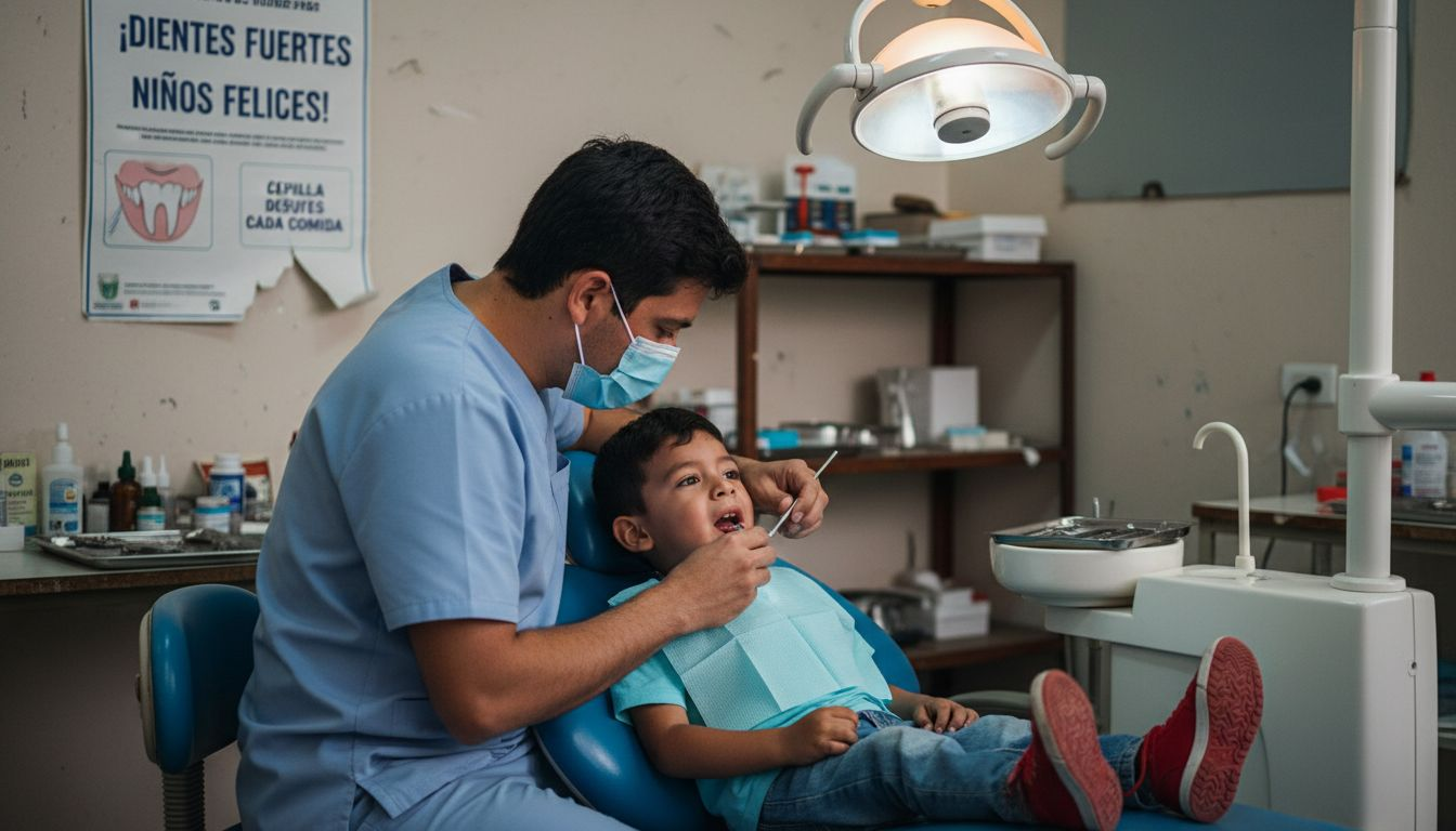 Un odontólogo examina la boca de un niño pequeño durante su revisión dental.