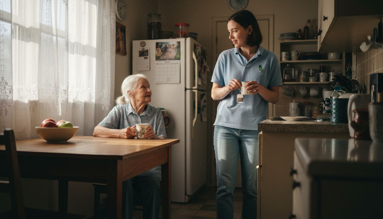Caregiver preparing tea for elderly patient