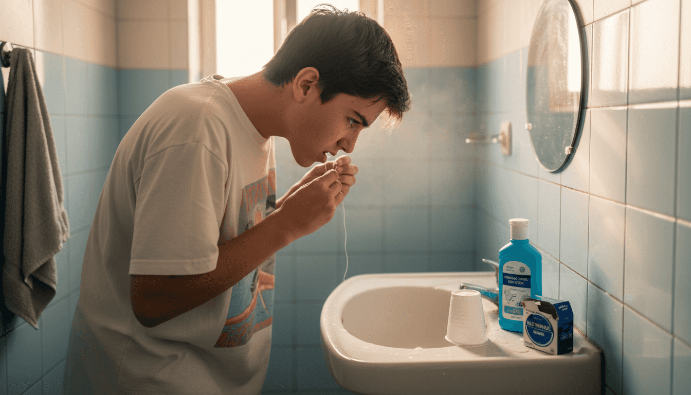 Un adolescente se limpia los dientes con hilo dental en el baño de su casa.