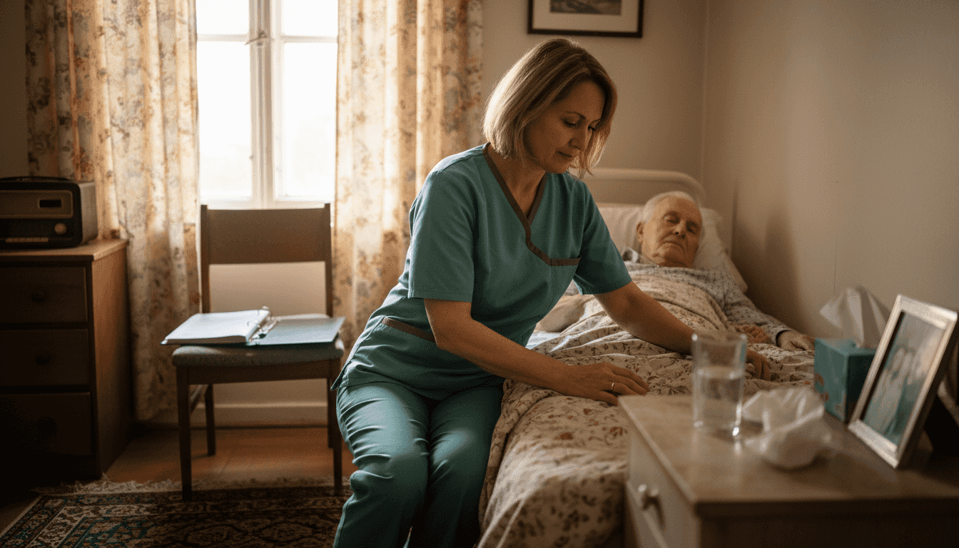Hospice nurse cares gently for elderly patient