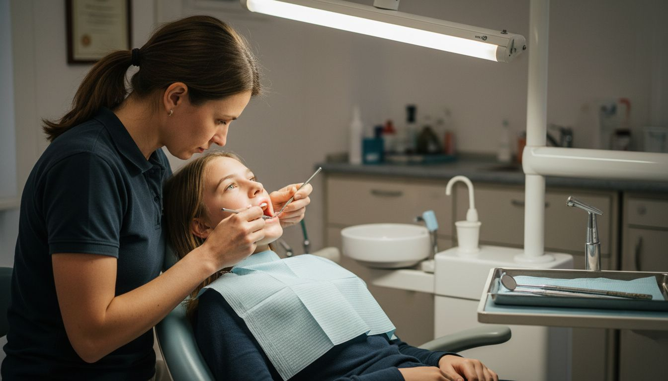 Dental hygienist cleaning teenage girl’s teeth