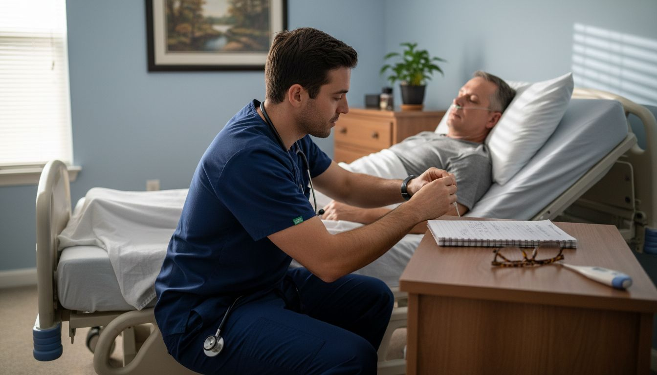 Hospice nurse assisting with symptom management